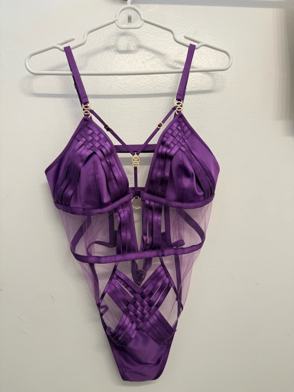 Honey Birdette -Tamara Purple Strappy Satin Bodysuit XXL (M) - Picture 3 of 6
